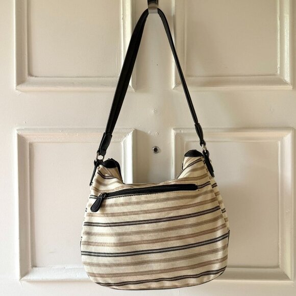 Alfred Dunner Shoulder Bag Beige Brown Striped Organizer Style Purse Pockets - Picture 3 of 11